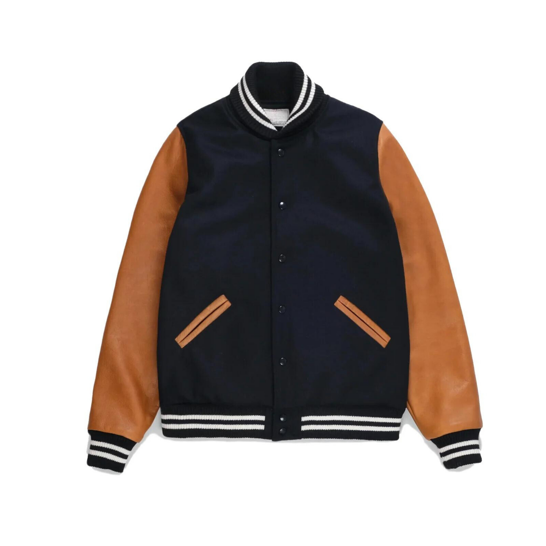 Front view of Men's Classic Varsity Jacket in Black with Brown Leather Sleeves – showcasing high-quality wool blend with stylish leather sleeves.