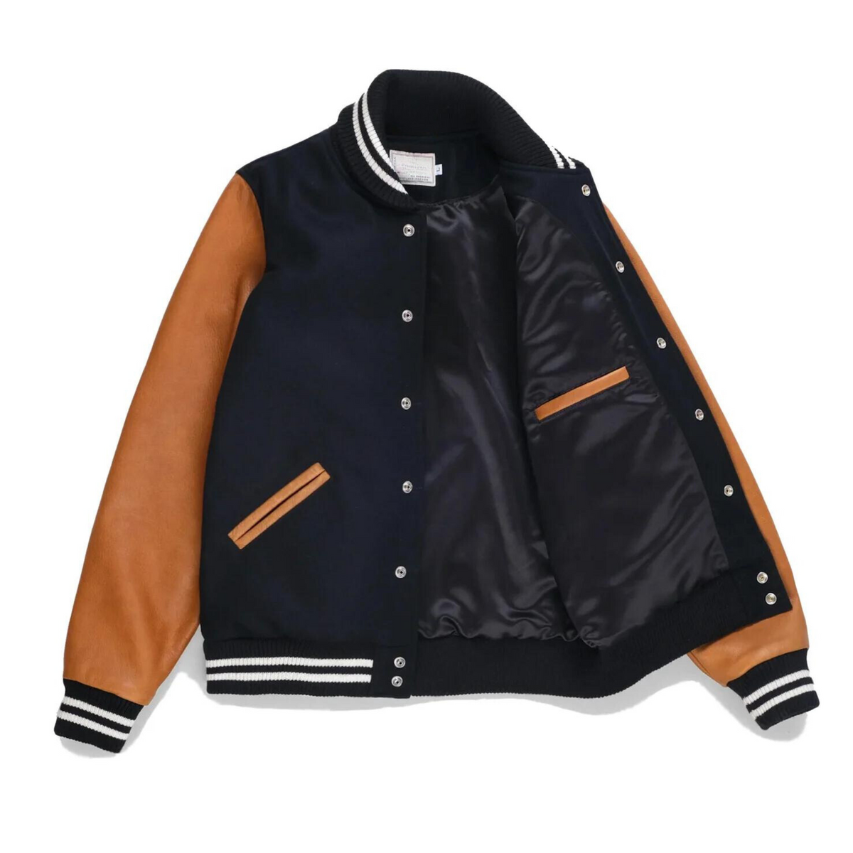 Open interior view of Men's Classic Varsity Jacket with Brown Leather Sleeves – highlighting the satin inner lining and inside pocket detail.