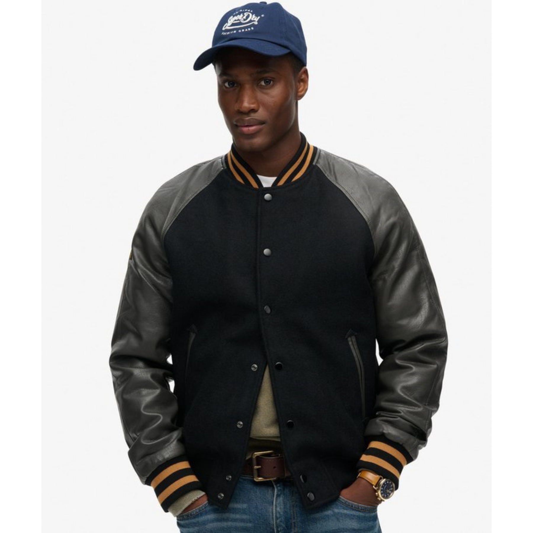 Black Varsity Jacket with Leather Sleeves Urban Classic