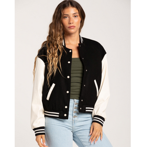 Women's Black Varsity Jacket with White Sleeves