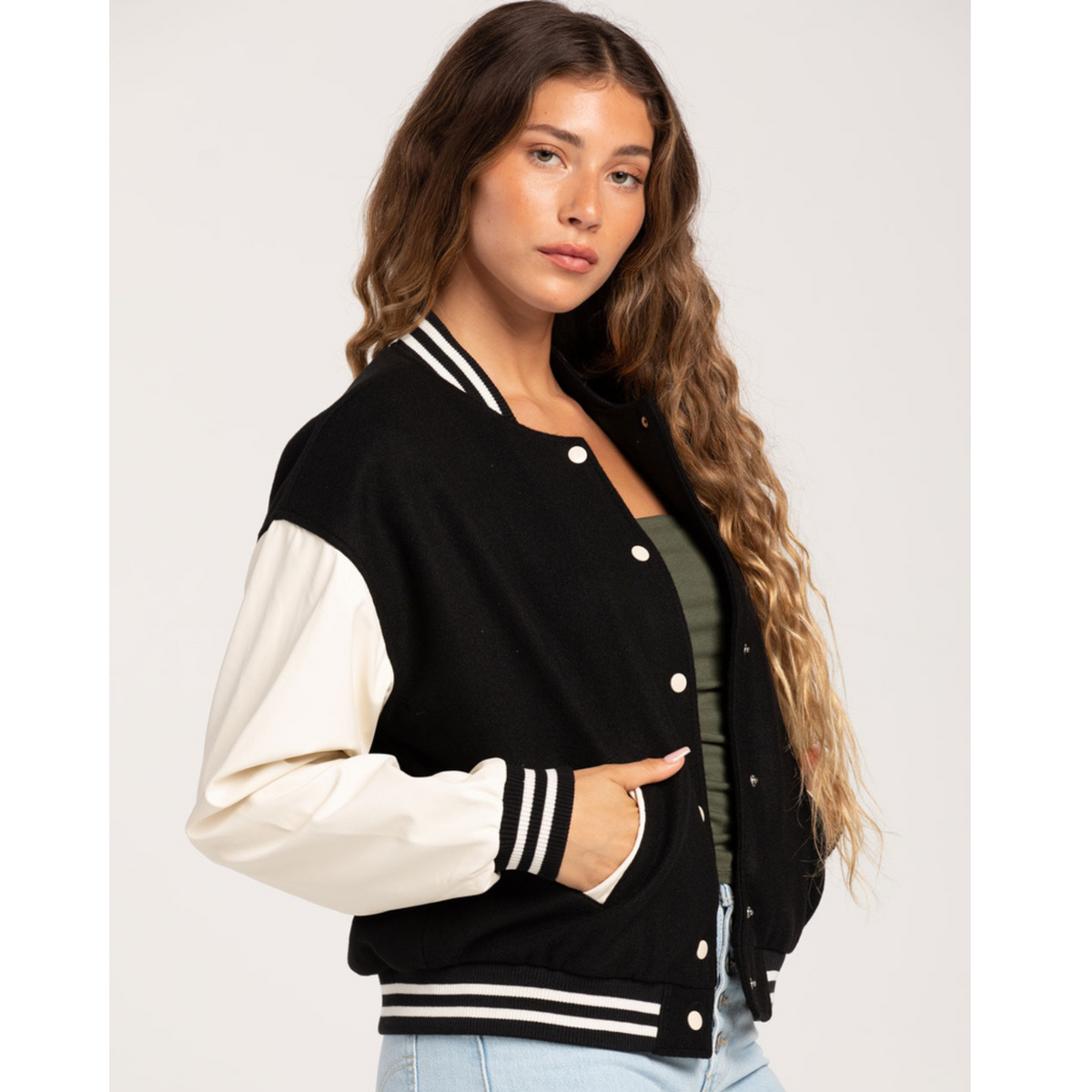 Women's Black Varsity Jacket with White Sleeves