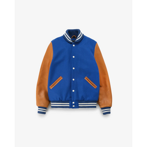 Blue varsity jacket front view with leather sleeves