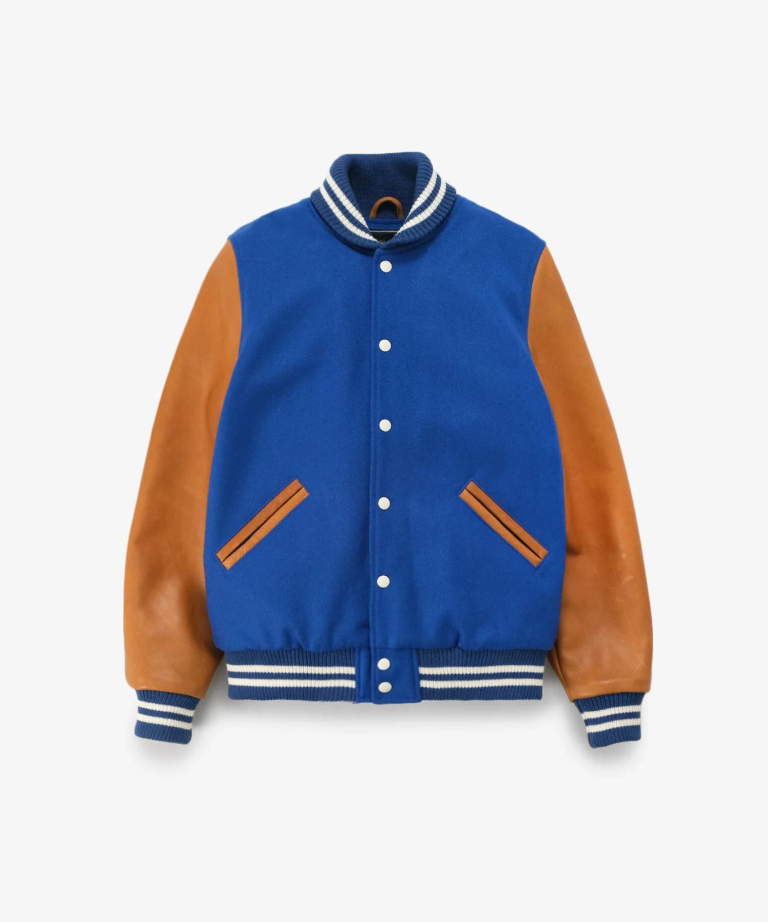 Blue varsity jacket front view with leather sleeves