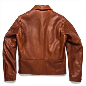 Back view of a brown leather rider jacket.