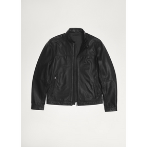 Flat lay image of classic black leather biker jacket.