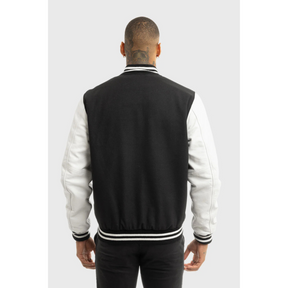 Men's Black and White Varsity Jacket with Premium Wool Blend and Leather Sleeves