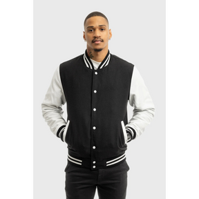 Men's Black and White Varsity Jacket with Premium Wool Blend and Leather Sleeves