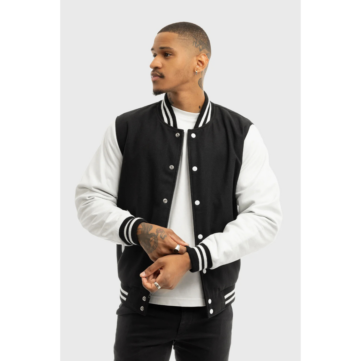 Men's Black and White Varsity Jacket with Premium Wool Blend and Leather Sleeves