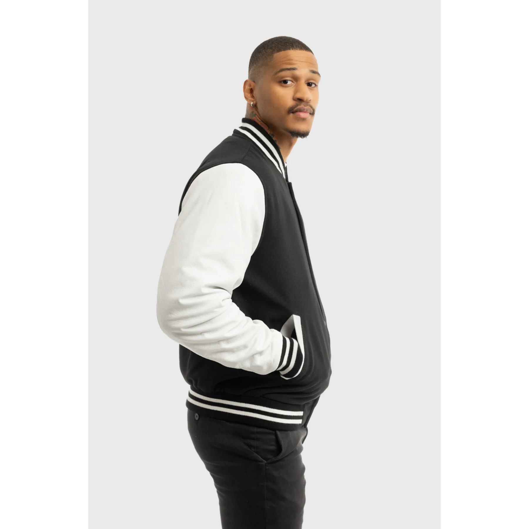 Men's Black and White Varsity Jacket with Premium Wool Blend and Leather Sleeves