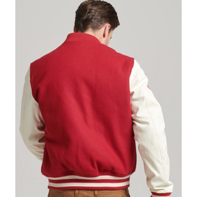 Back view of a men's red varsity jacket with white sleeves, Alpha Apparel.