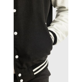 Men's Black and White Varsity Jacket with Premium Wool Blend and Leather Sleeves