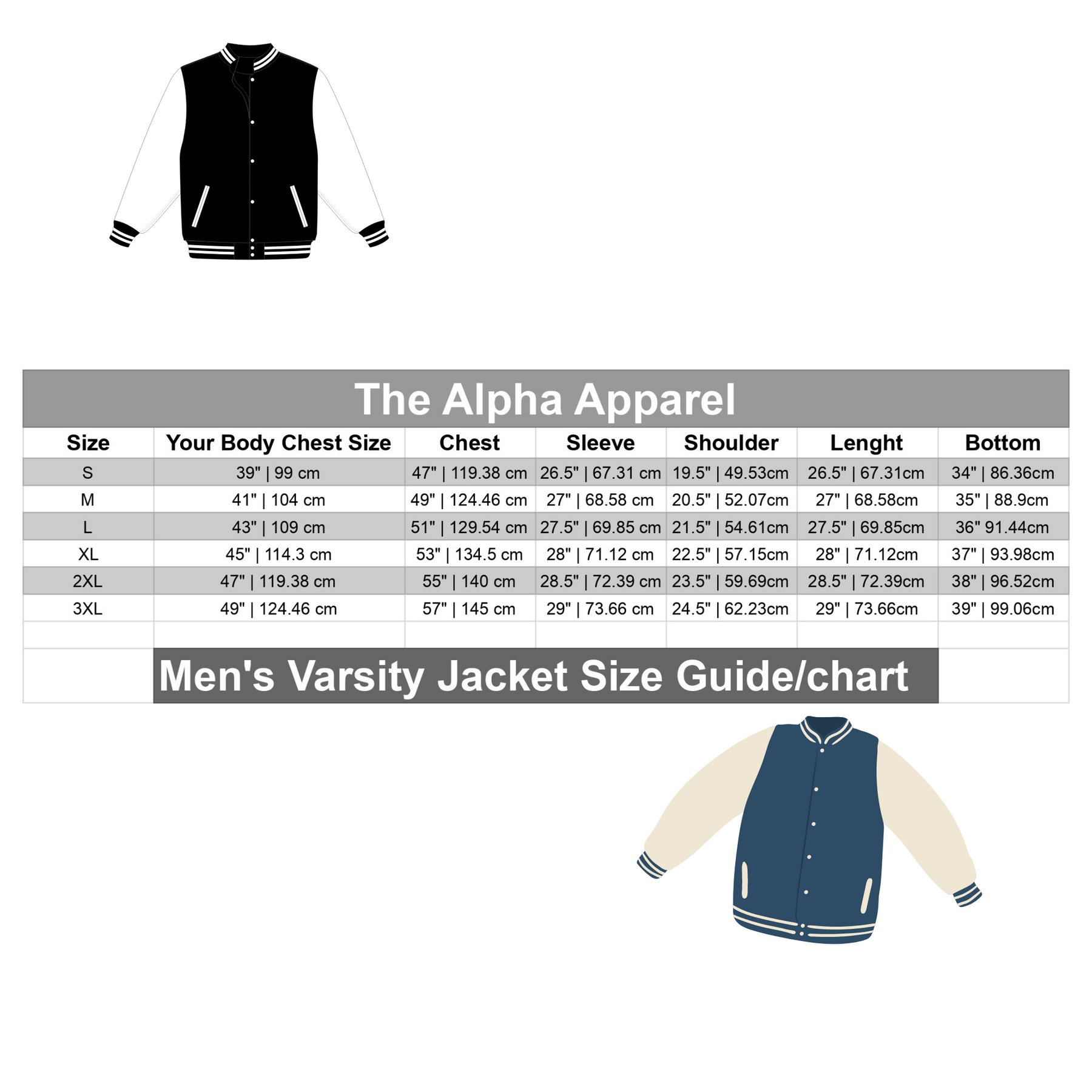 Men's Varsity Jacket Size Guide Chart - The Alpha Apparel