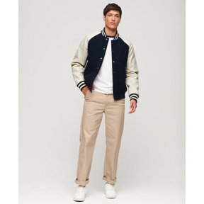 Men's Navy and Cream Varsity Jacket – Classic Wool & Leather Bomber with Striped Collar