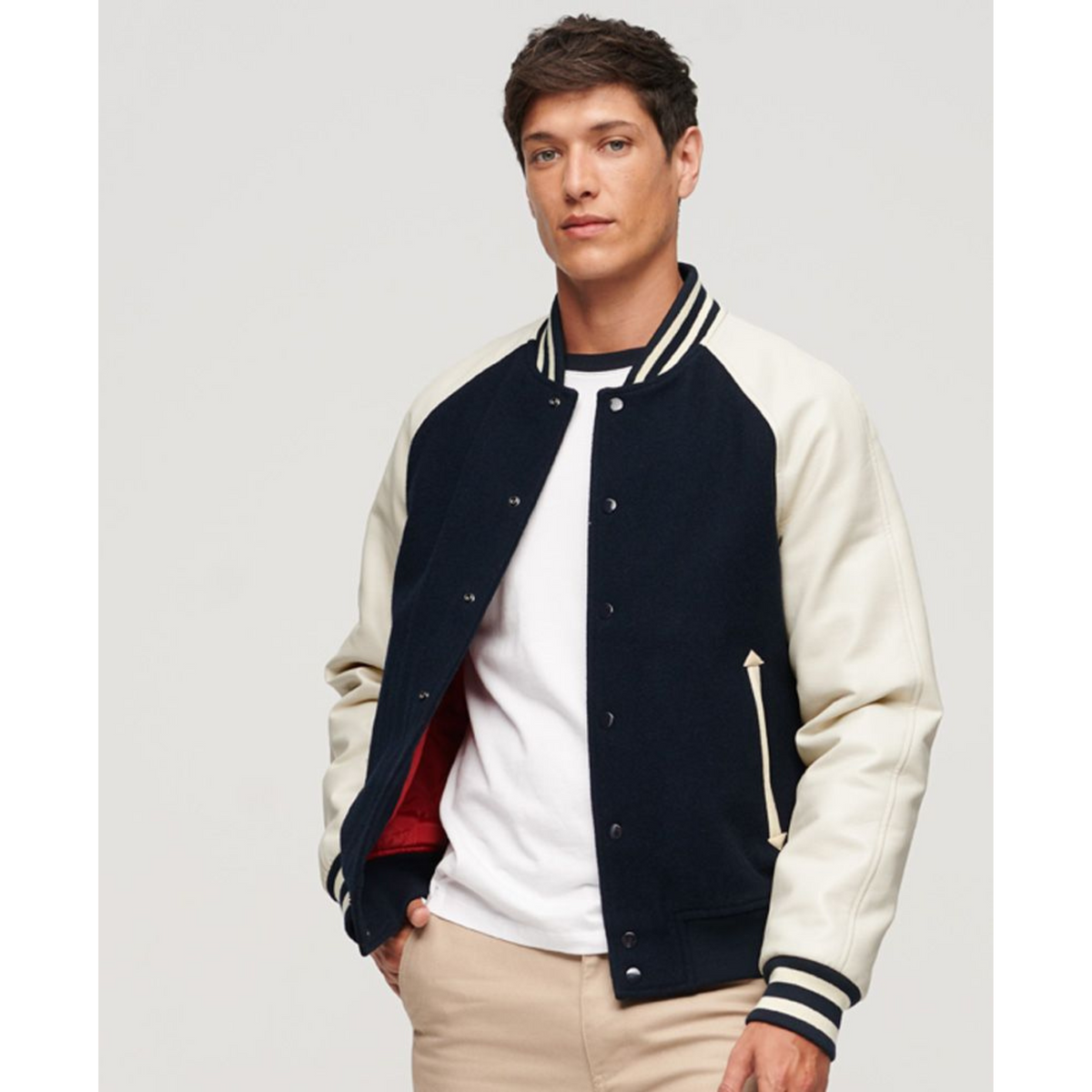 Men's Navy and Cream Varsity Jacket – Classic Wool & Leather Bomber with Striped Collar