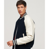 Men's Navy and Cream Varsity Jacket – Classic Wool & Leather Bomber with Striped Collar