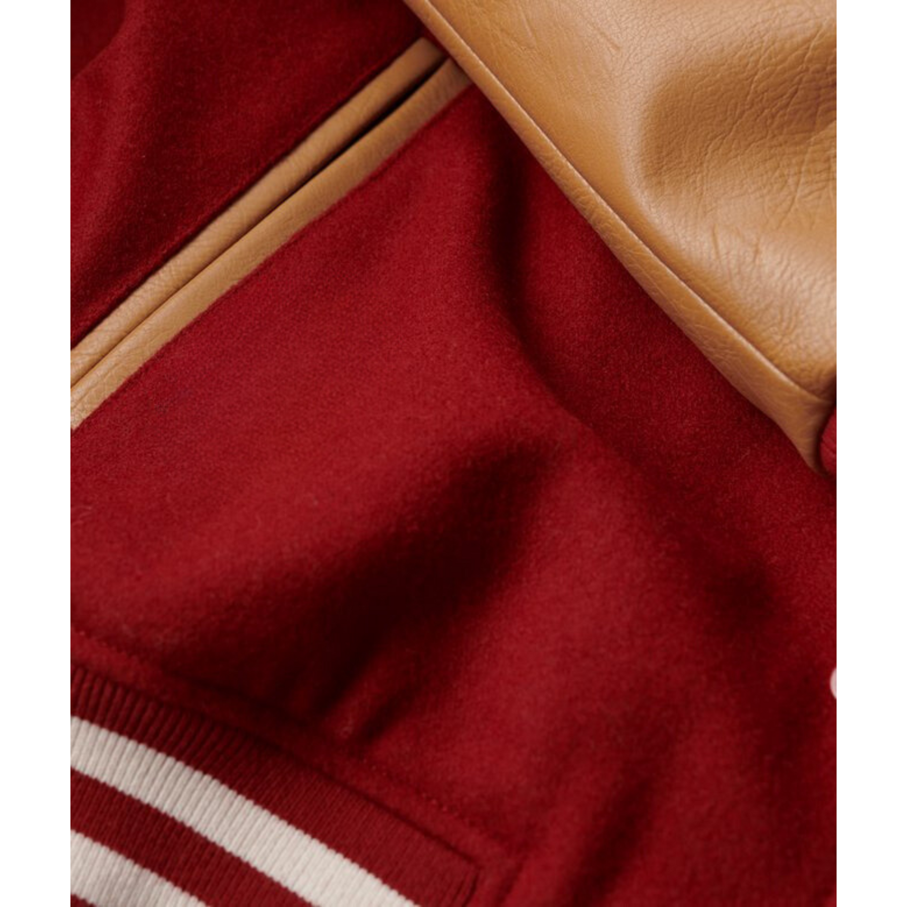 Women's Red Varsity Jacket with Tan Leather Sleeves