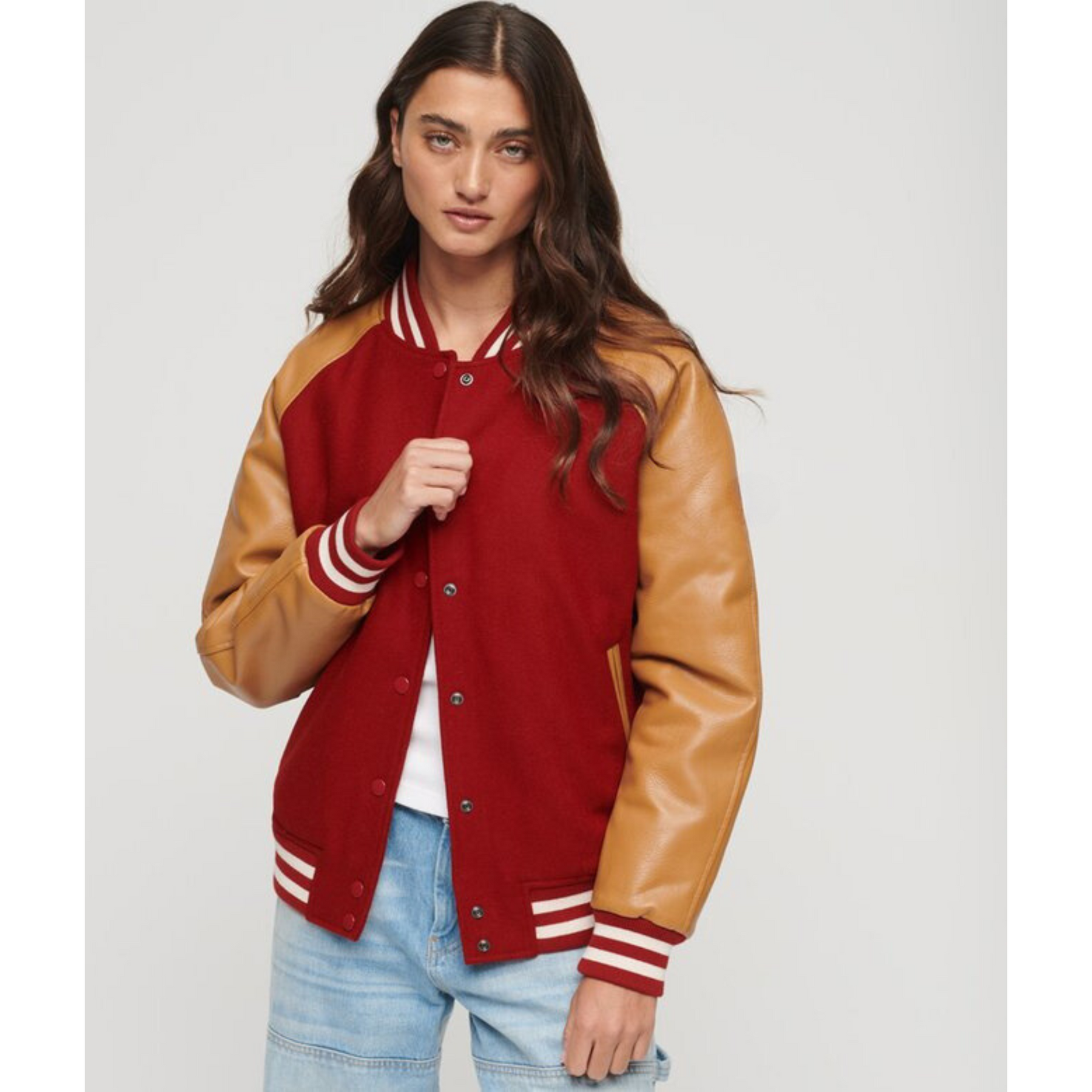 Women's Red Varsity Jacket with Tan Leather Sleeves