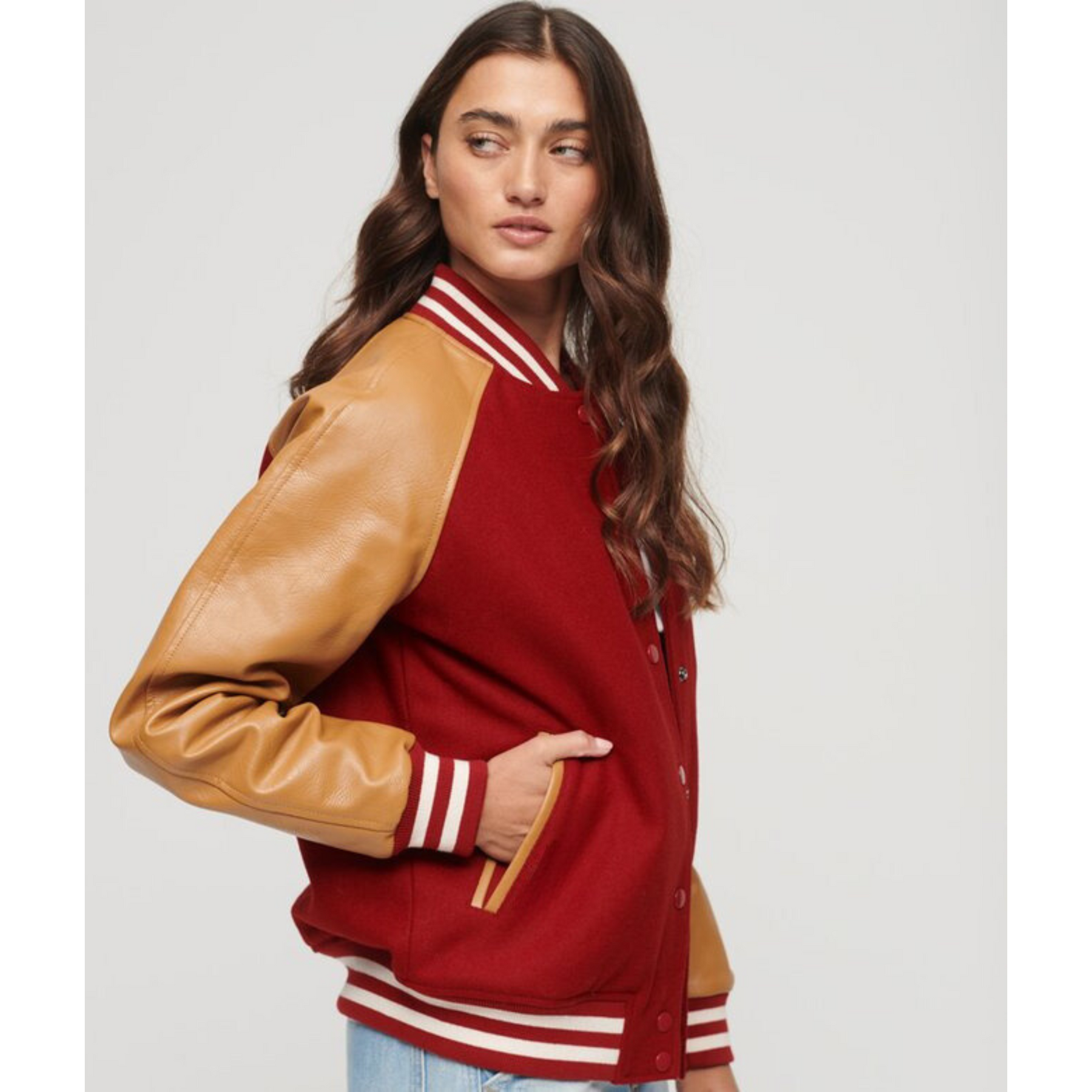 Women's Red Varsity Jacket with Tan Leather Sleeves