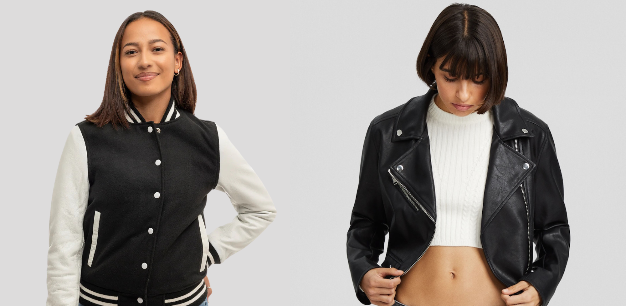 Women wearing black varsity jacket and black leather biker jacket, showcasing casual and stylish outerwear.