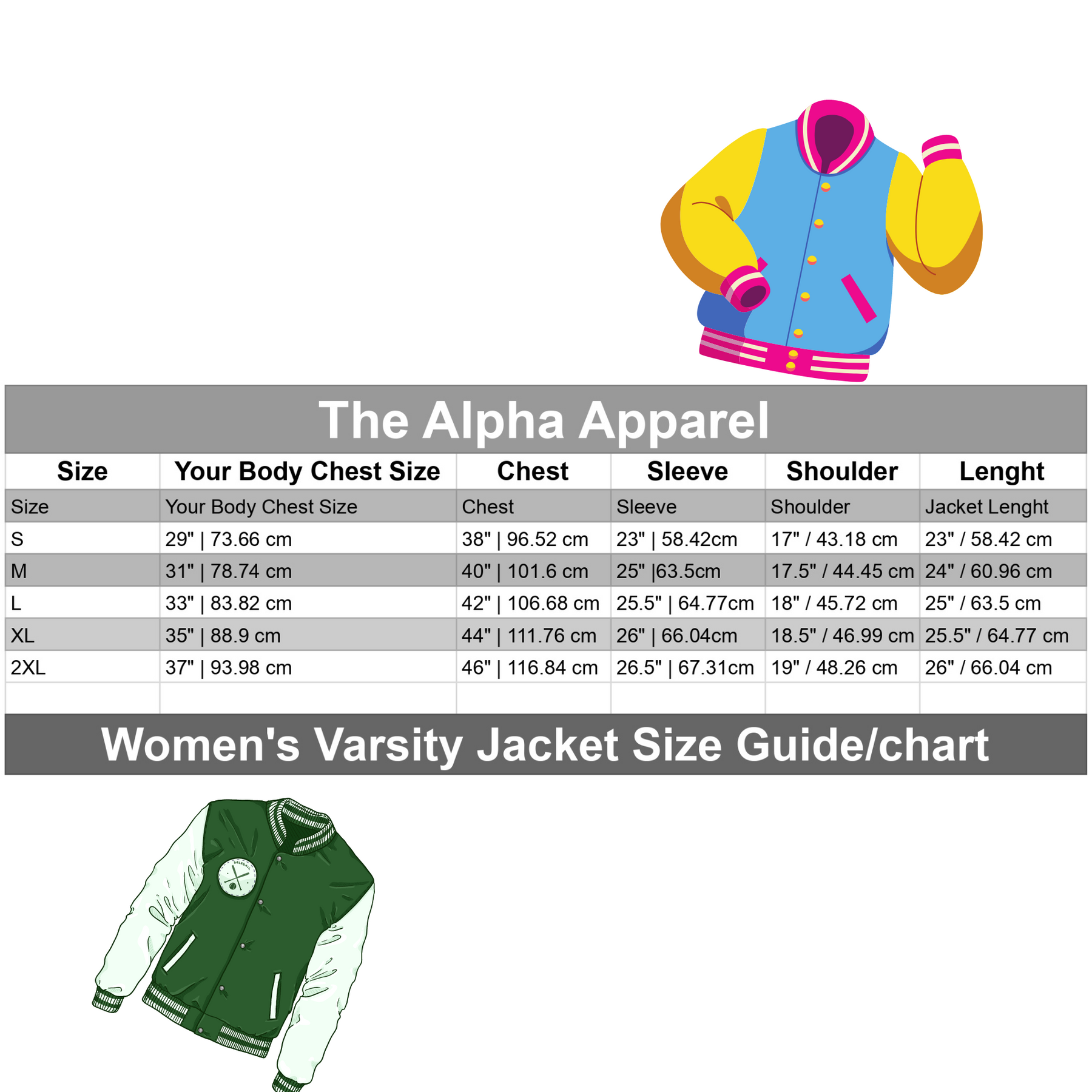 Women's Varsity Jacket Size Guide for The Alpha Apparel – Detailed chest, sleeve, shoulder, and length measurements in sizes S, M, L, XL, and 2XL.